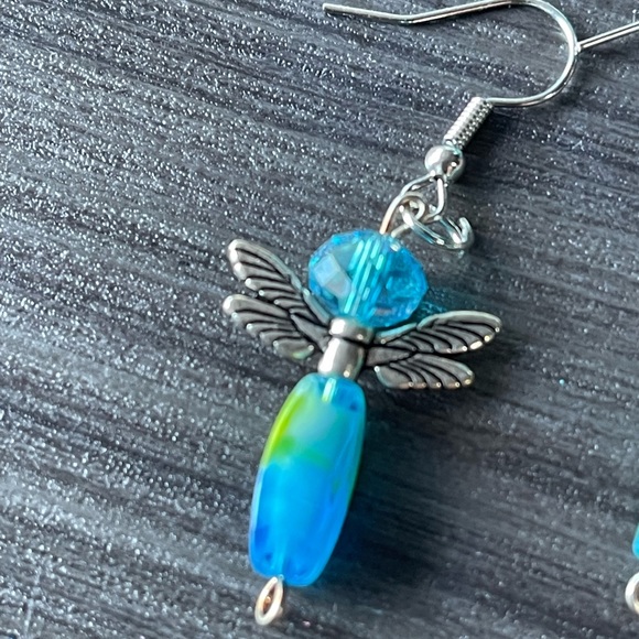 Blue and green glass Dragonfly earrings - Picture 2 of 2